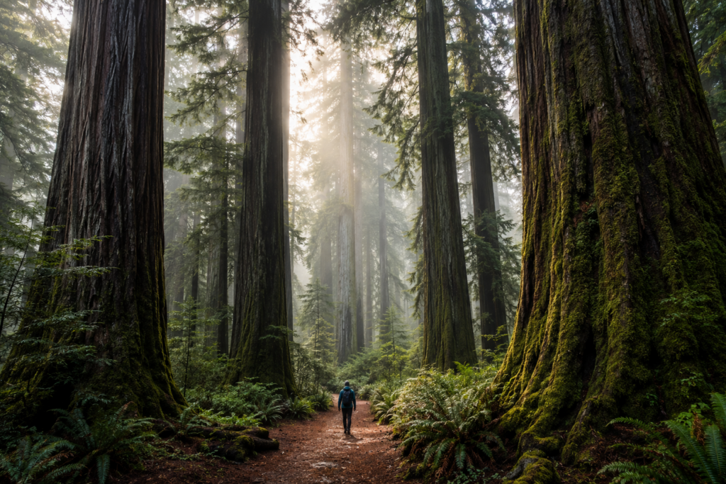 Person walking through a vast ancient forest surrounded by towering trees, illustrating awe, self-transcendence, and neuroplastic adaptation.