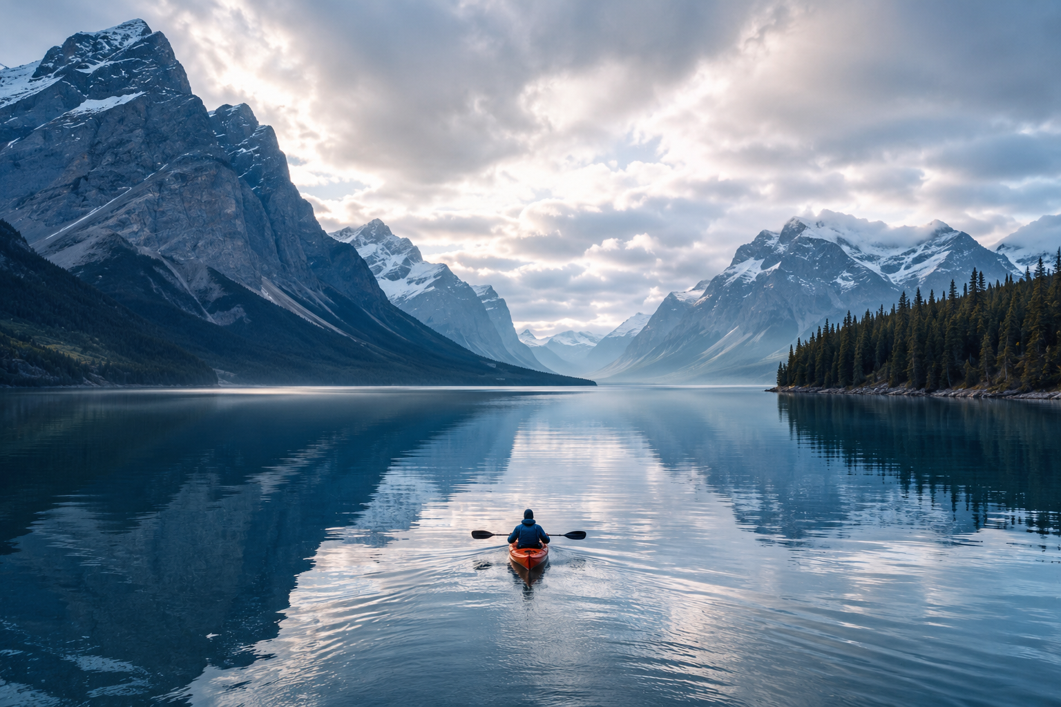 Solitary kayaker crossing a vast mountain lake surrounded by towering peaks, illustrating awe, perspective, and neuroplastic adaptation.