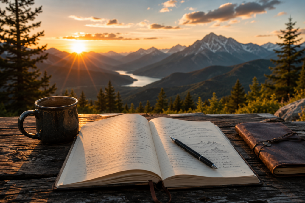 Open journal overlooking a mountain landscape at sunrise, symbolizing reflection, lifelong learning, personal growth, and neuroplasticity.