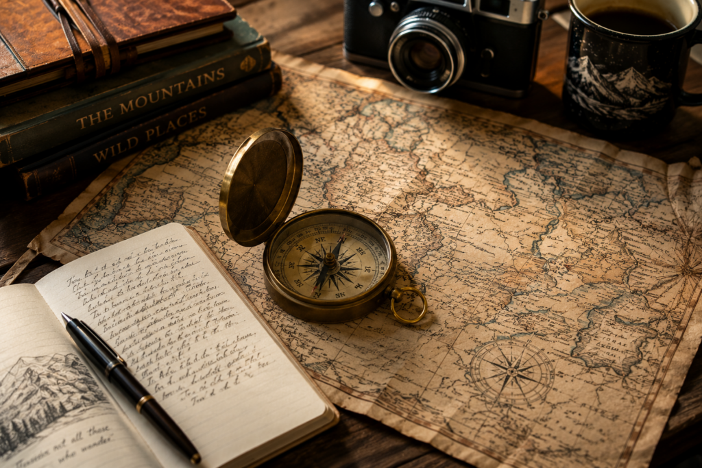 Vintage compass resting on an old map beside a travel journal, representing hippocampal navigation, memory formation, and neuroplasticity.