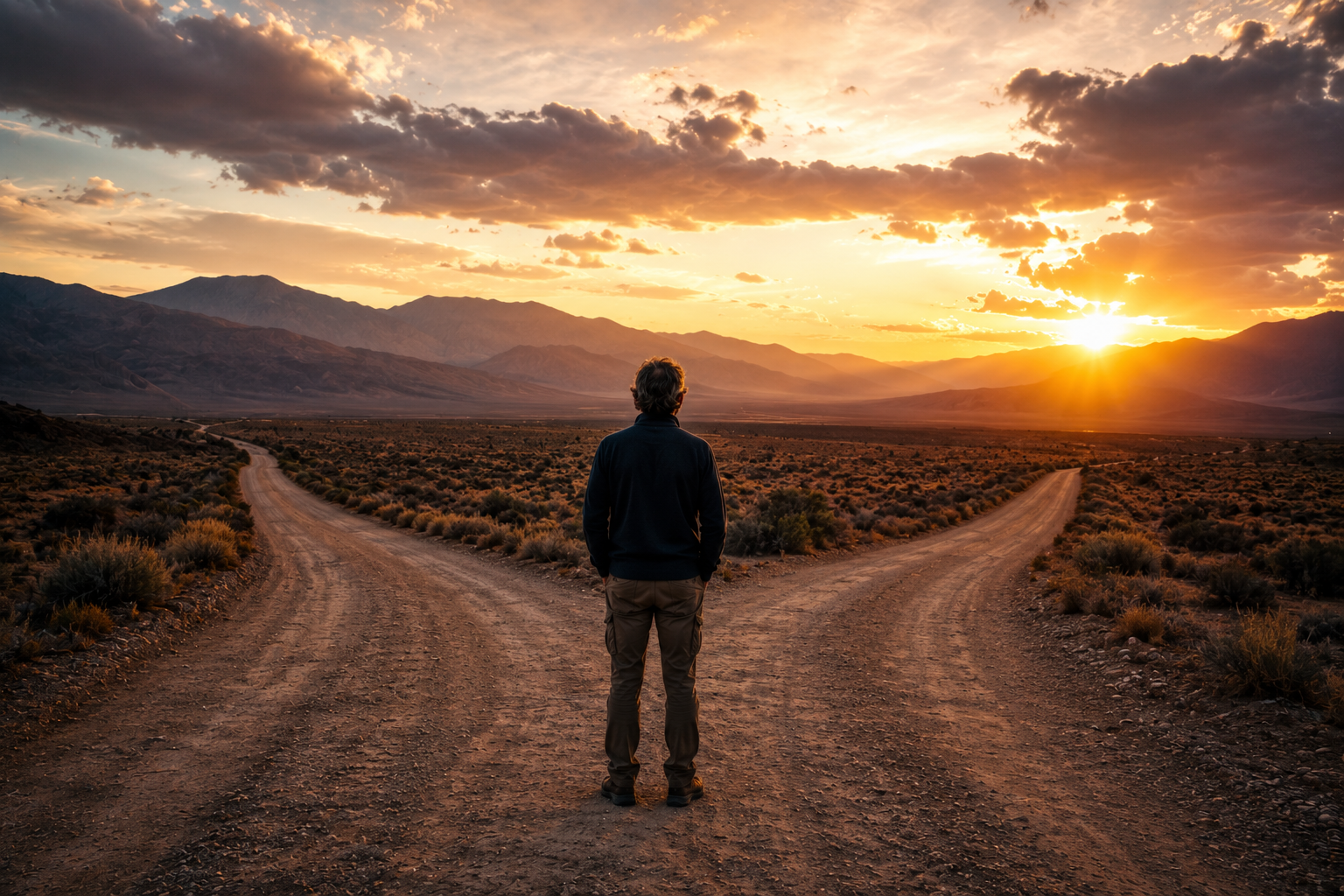 Person standing at a desert crossroads at sunset, symbolizing midlife reinvention, life transitions, adventure, and neuroplastic change.