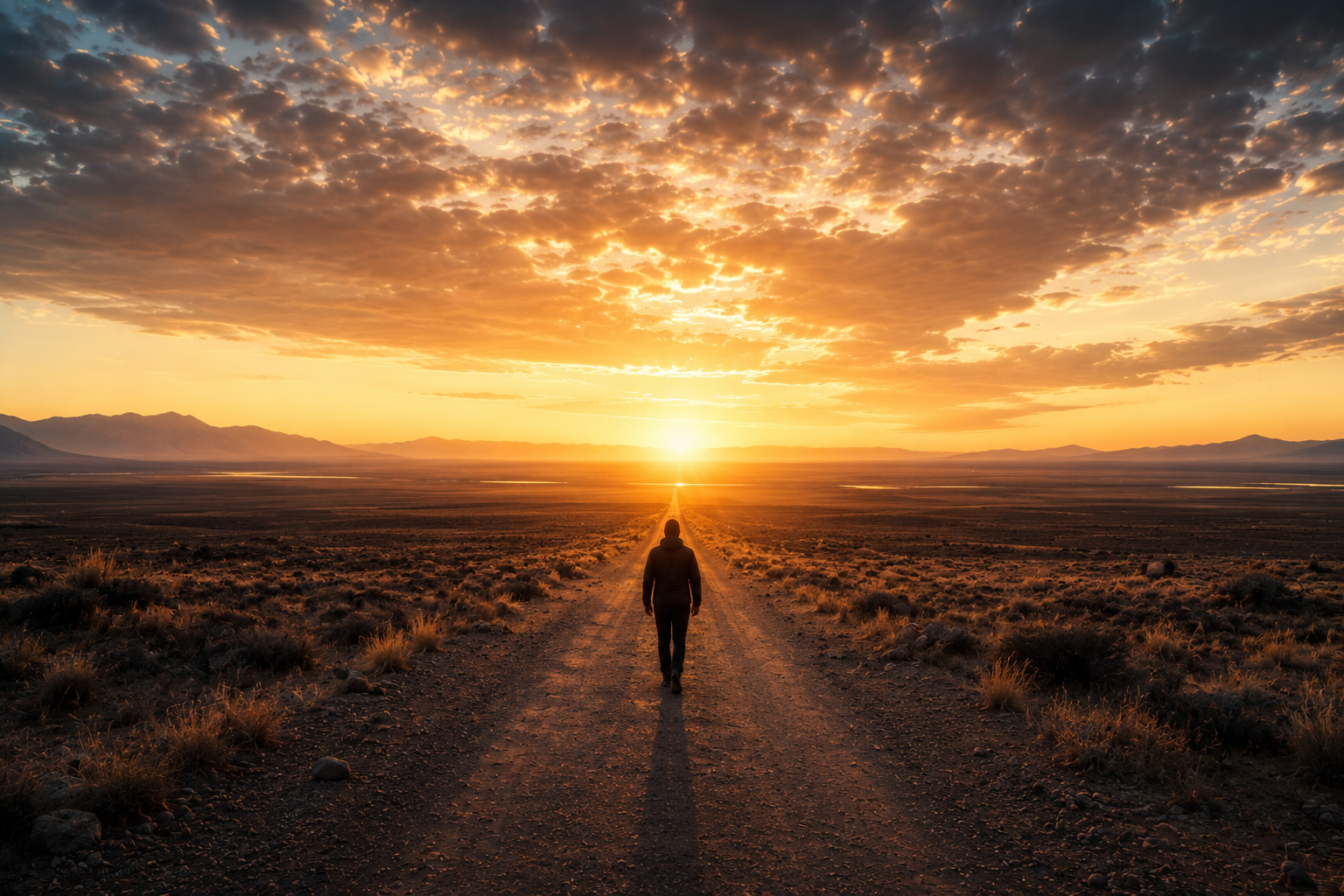 Person walking toward a distant horizon at sunrise, symbolizing personal growth, neuroplasticity, reinvention, and life transition.