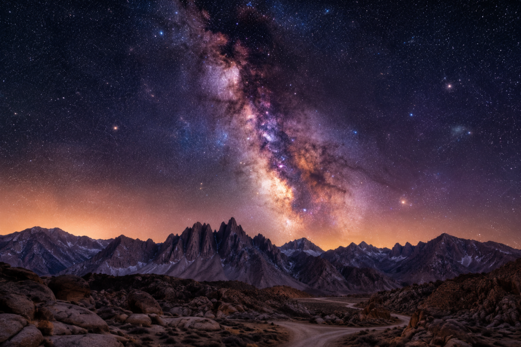 Brilliant Milky Way galaxy stretching across a mountain landscape at night, illustrating awe, vastness, self-transcendence, and neuroplasticity.