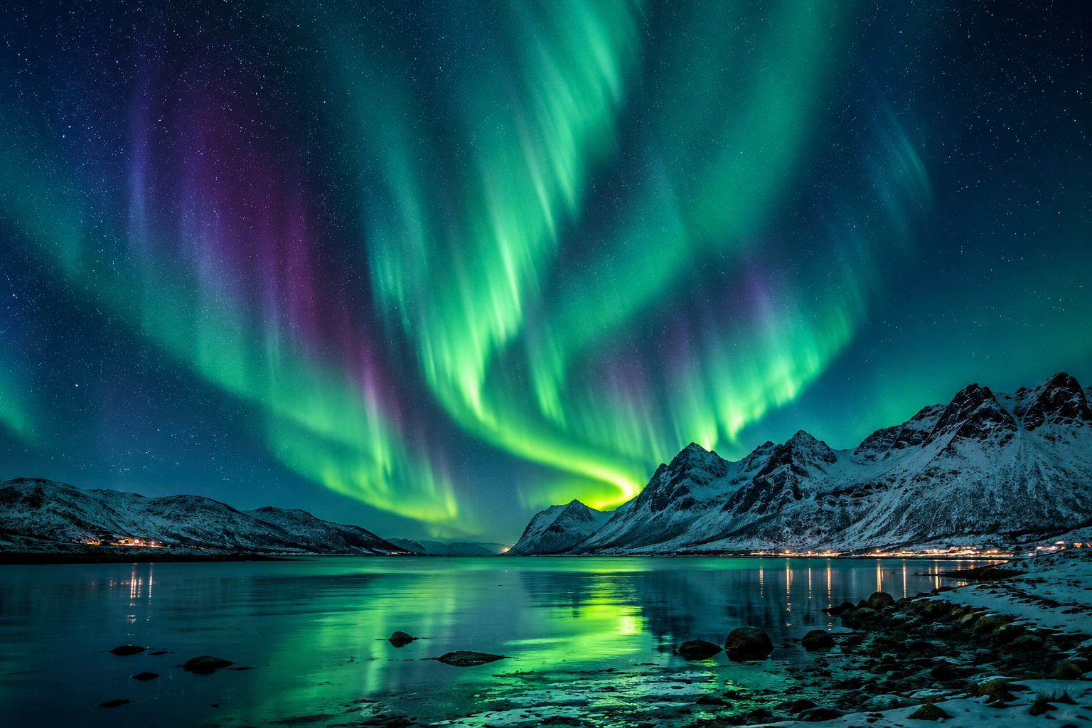 Northern lights illuminating a mountain landscape at night, representing awe, adventure, and neuroplasticity in the human brain.