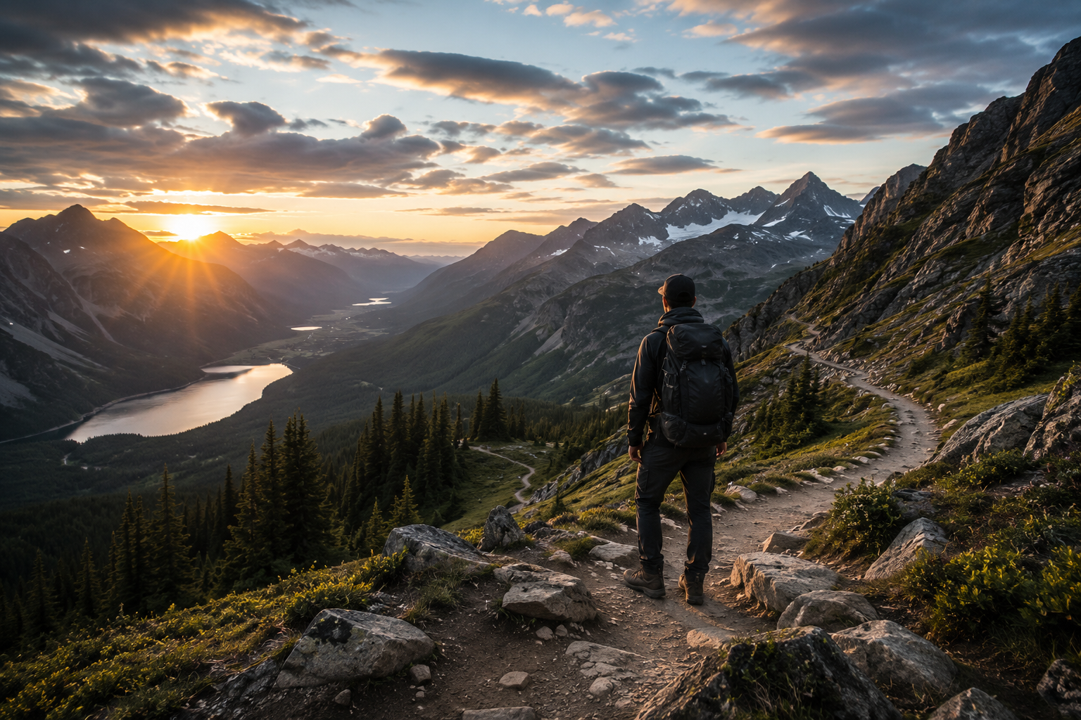 Hiker overlooking a mountain valley at sunset, illustrating how novel environments challenge prediction and promote neuroplasticity.