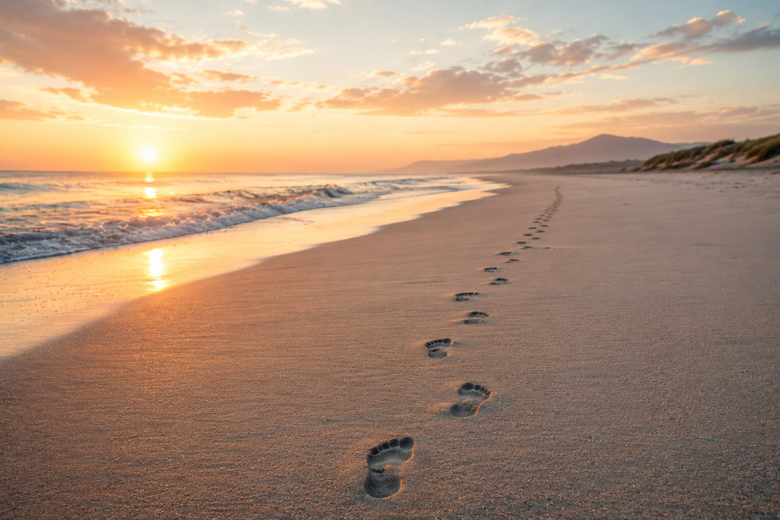 Footprints leading along a quiet beach at sunrise, symbolizing personal growth, neuroplasticity, exploration, and the cumulative impact of small adventures.